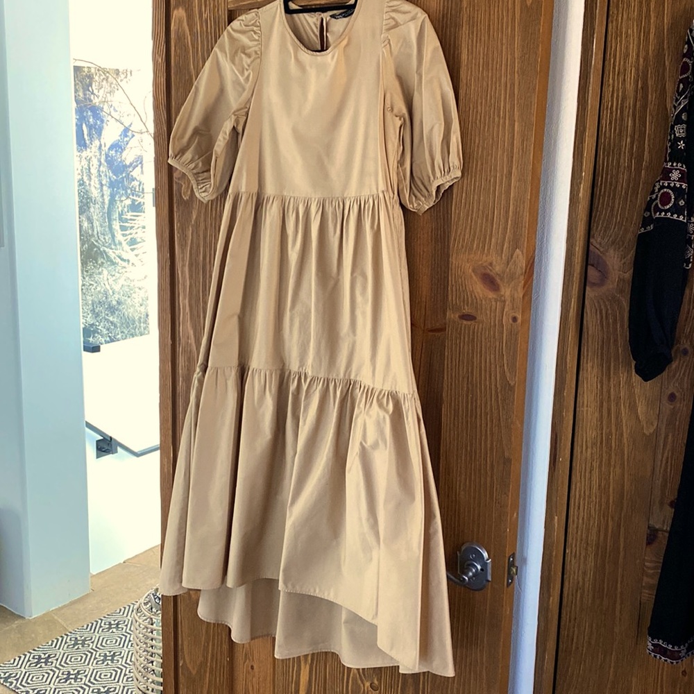 Zara khaki cotton poplin tiered midi dress with longer back length - S